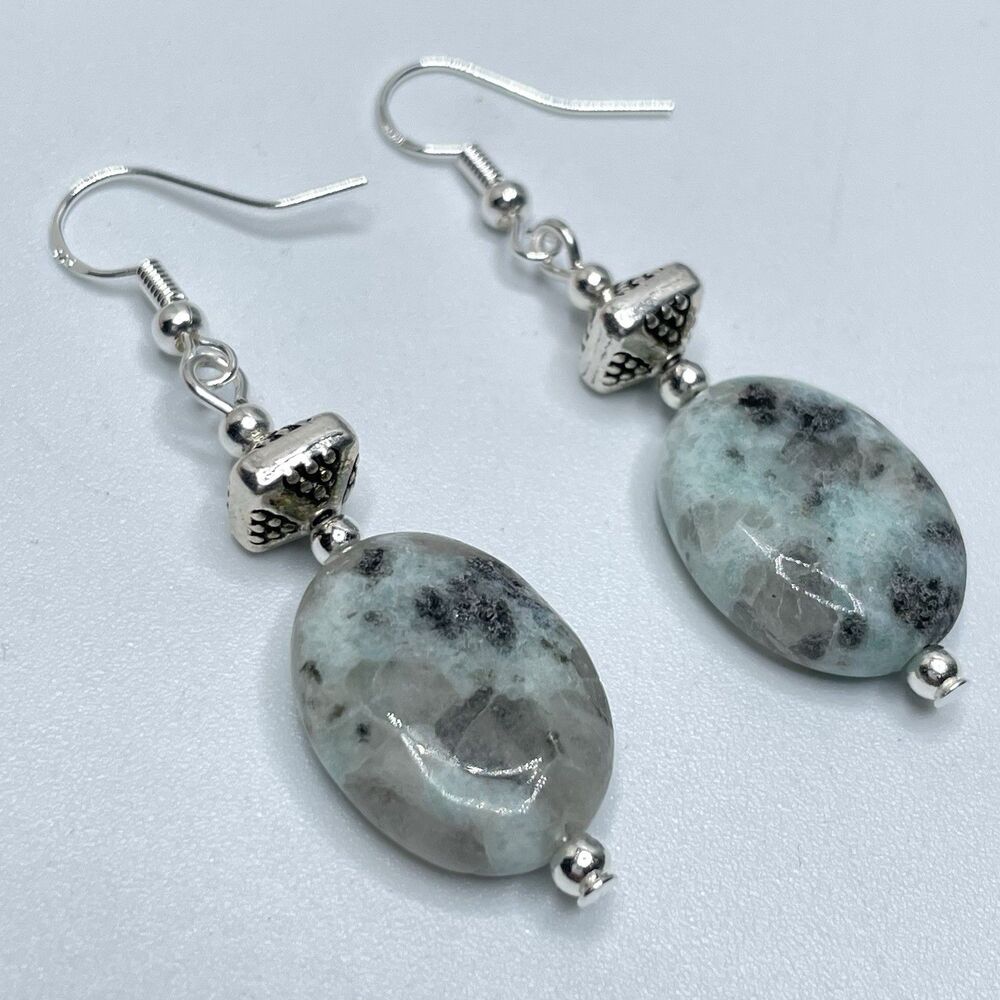 Artisan Silver Kiwi Jasper Stone Oval Beaded Dangle Earrings Boho Cute